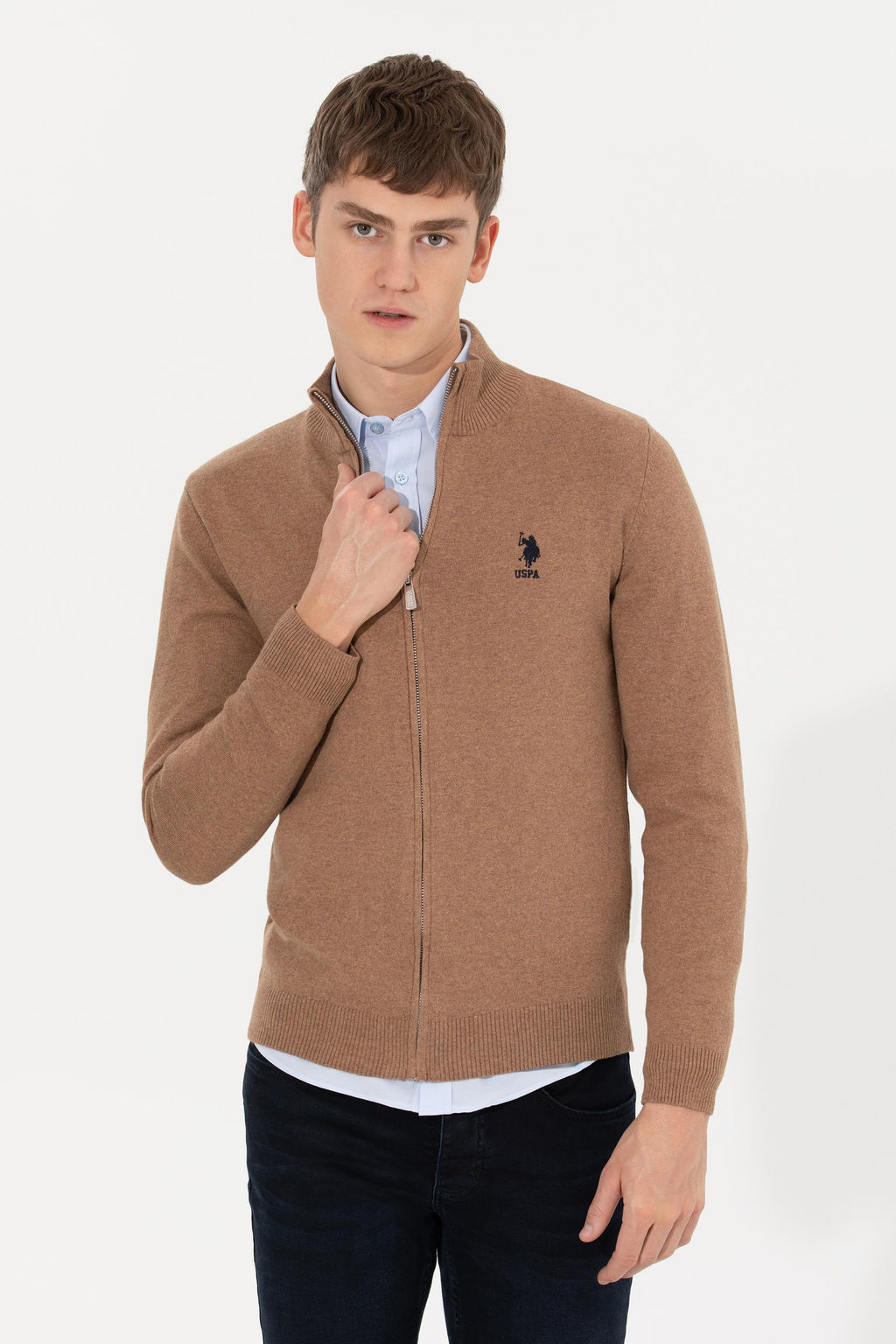 Мужской базовый трикотажный кардиган цвета Camel Melange Неожиданная скидка в корзине - U.s. polo assn фото 3