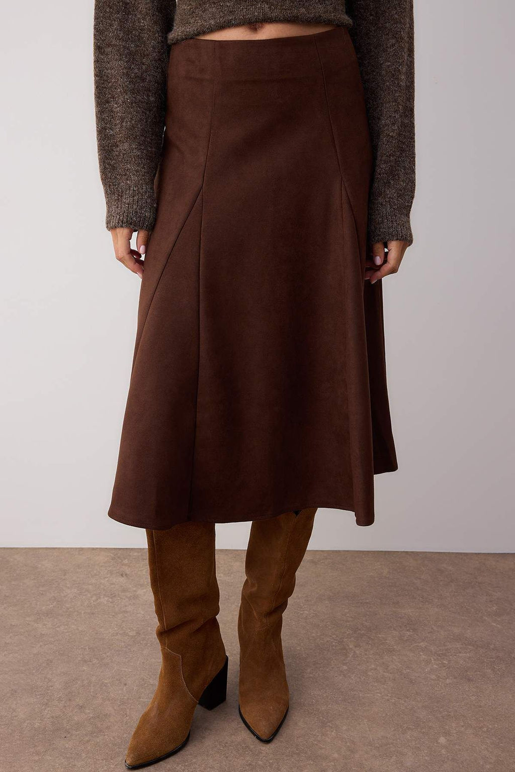 Kahverengi A-Kesim/Can Dokuma Suet Midi Etek TWOAW26ET00028 - Trendyolmilla фото 3