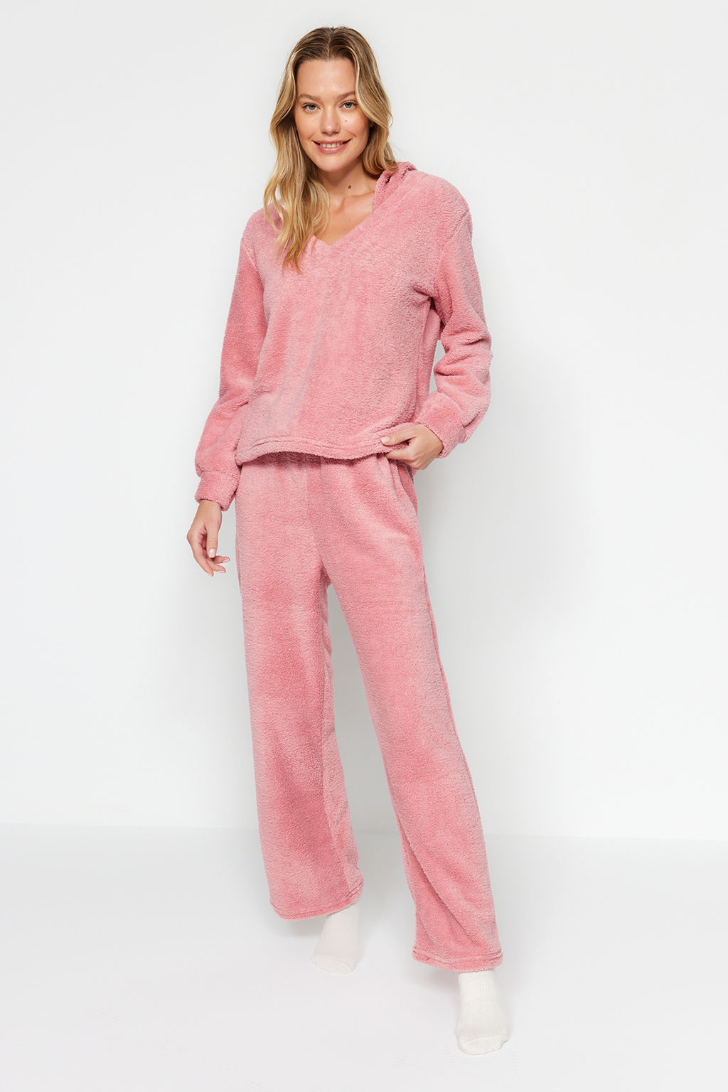 Pembe Wellsoft Kapuson Kulak Detayl? K?sl?k Orme Pijama Tak?m? THMAW24PT00030