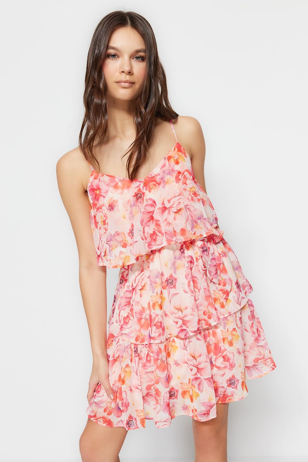 Pembe Cicek Desenli Belden Ac?lan Boho Astarl? Sifon Ucus Ucus Dokuma Mini Elbise TWOSS23EL01445