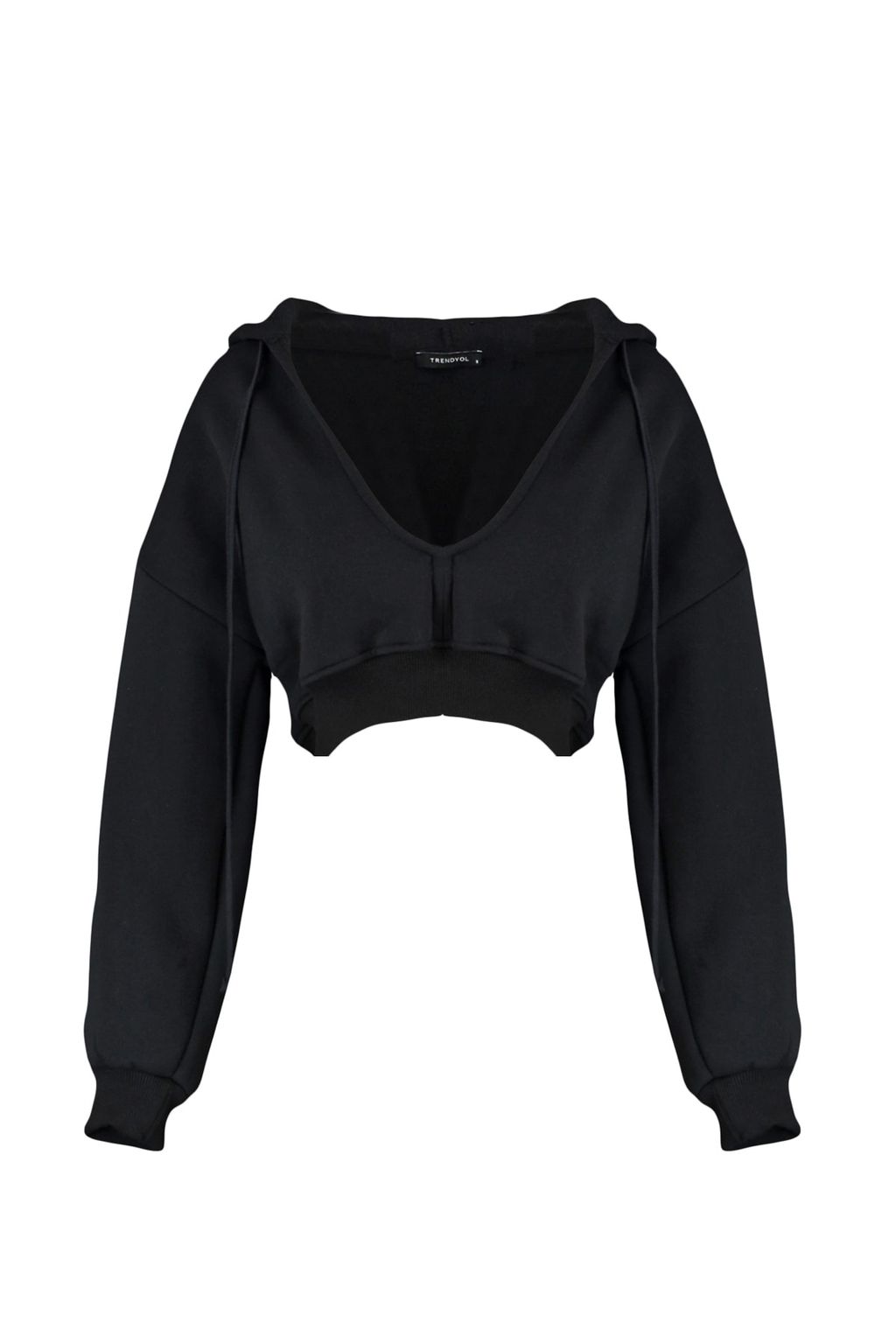 Siyah Kal?n Ici Polarl? Kapusonlu V Yaka Rahat Kesim Crop Orme Sweatshirt TWOAW23SW00096
