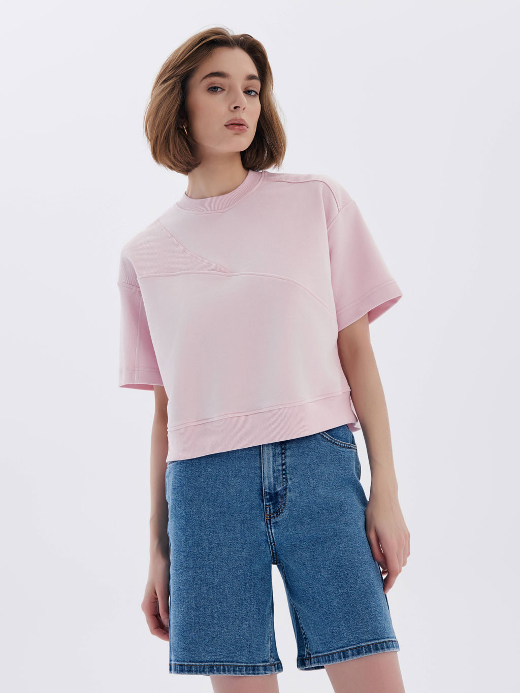 CONTE Комбинированная футболка из футера c вставками в рубчик LD 2573 crystal pink