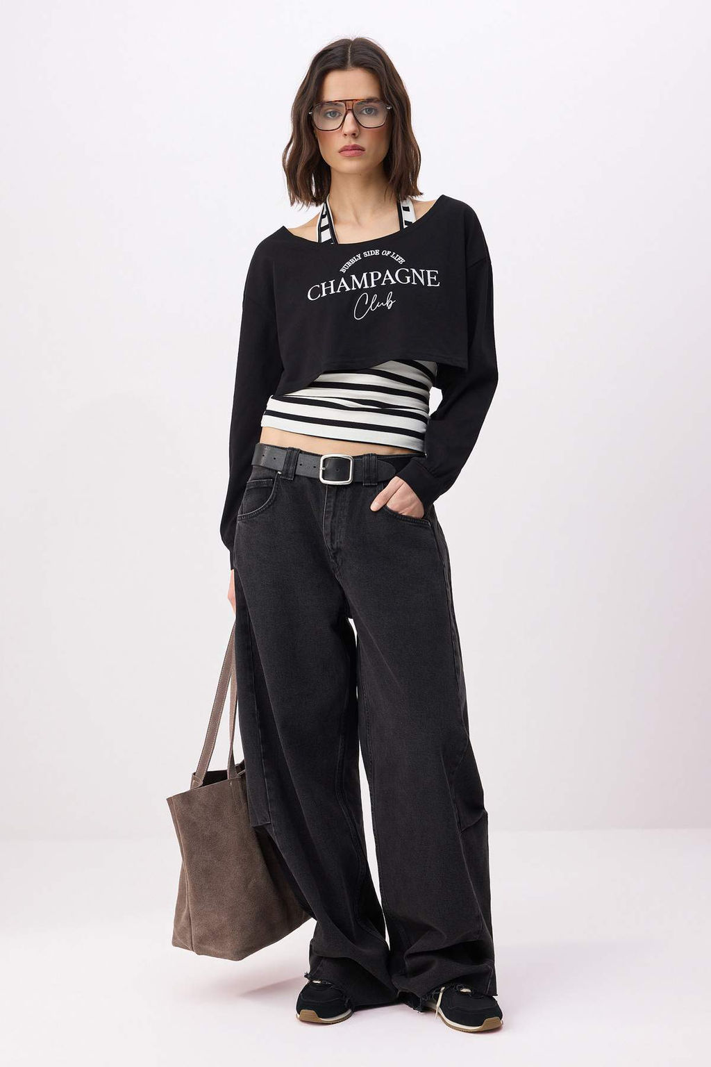 Siyah 2li Nak__l_ Asimetrik Yaka Uzun Kol Crop _rme T-Shirt TWOSS26TS00226 - Trendyolmilla фото 2