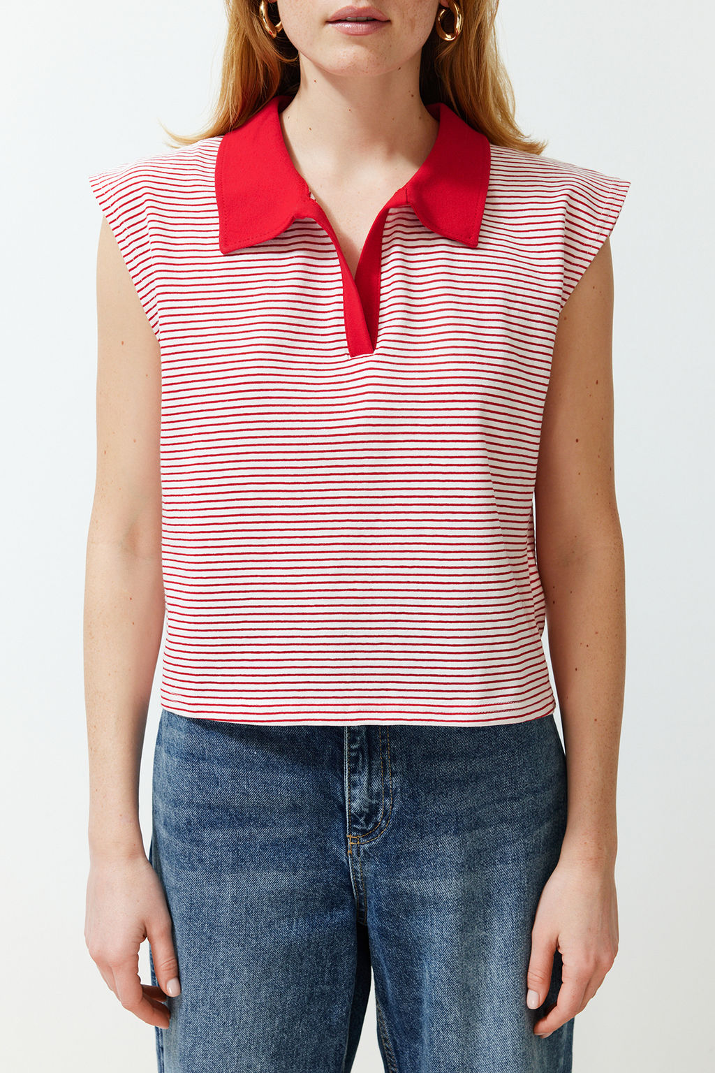 K?rm?z? Cizgili Kal?n Pamuklu Polo Yaka Regular/Normal Kal?p Orme T-Shirt TWOSS24TS00075