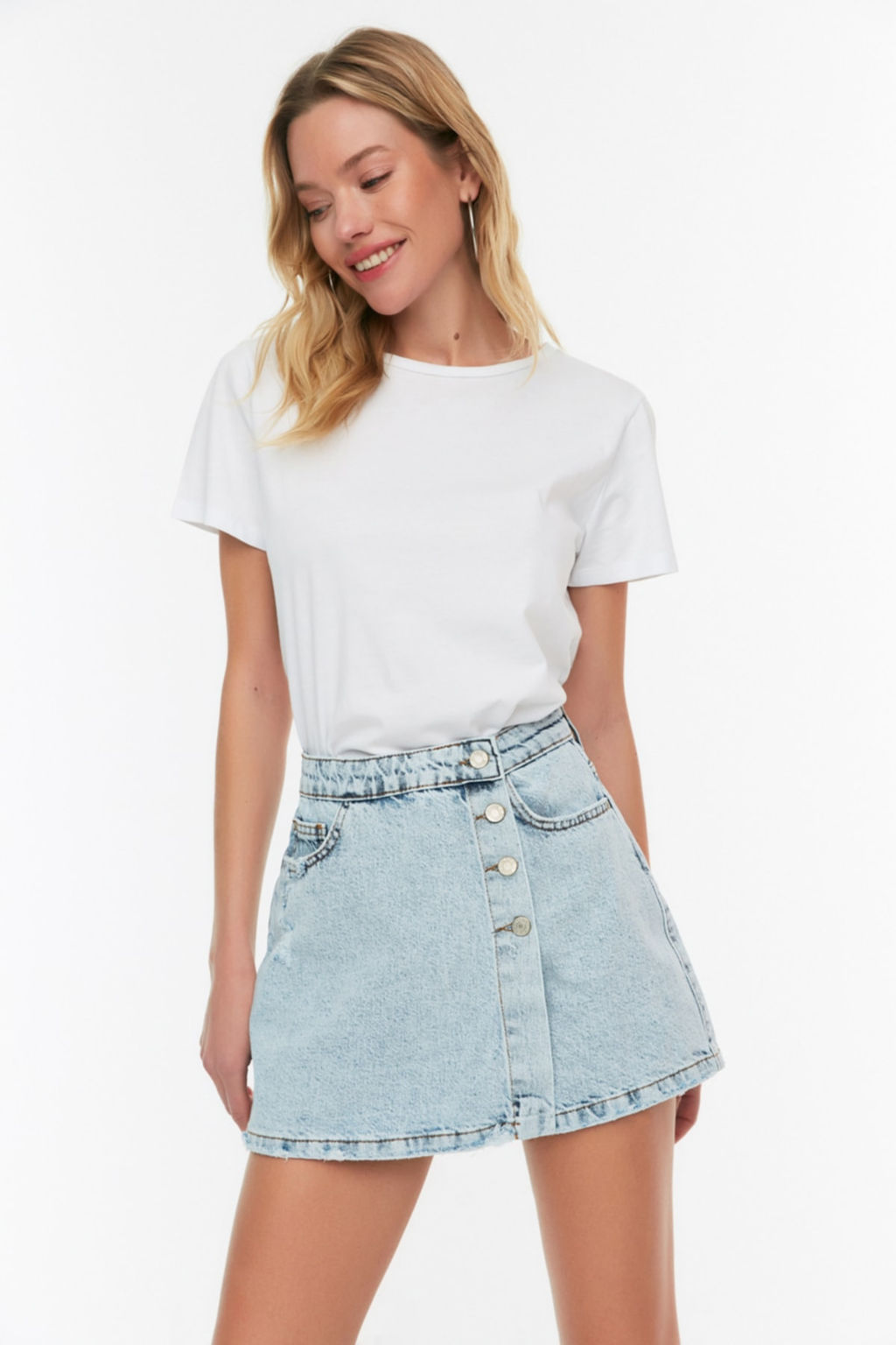 Mavi Dugme Detayl? Kruvaze Yuksek Bel Denim Sort Etek TWOSS22SR0448