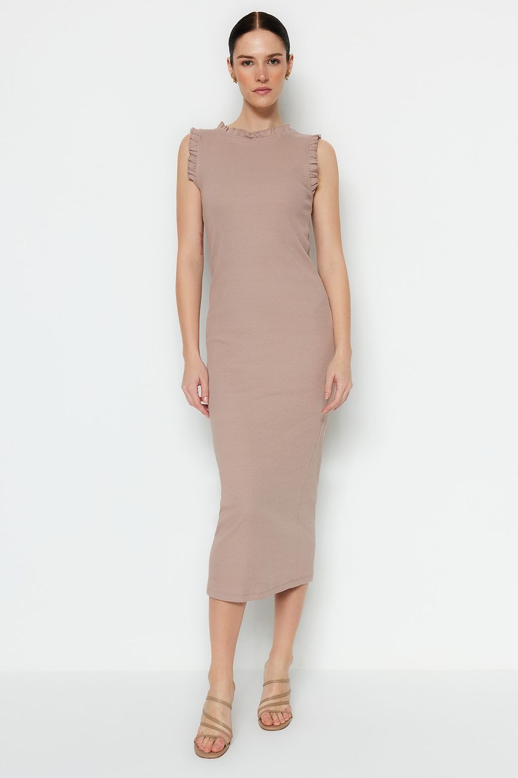 Vizon F?rf?r Detayl? Fitilli Bodycone/Vucuda Oturan Midi Smart Esnek Orme Kalem Elbise TWOSS22EL1569