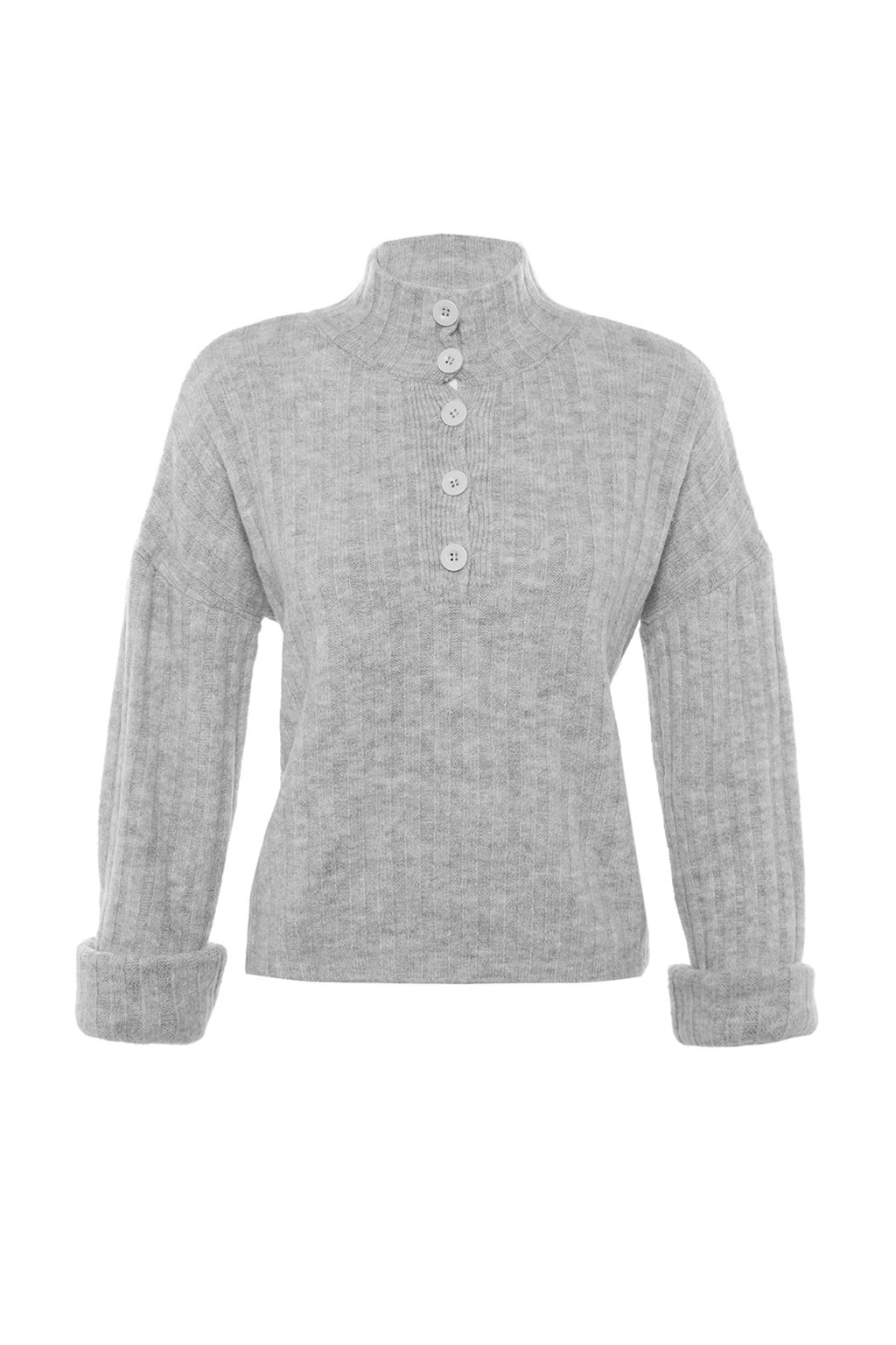 Gri Genis Kal?p Yumusak Dokulu Dik Yaka Triko Kazak TWOAW21KZ0783