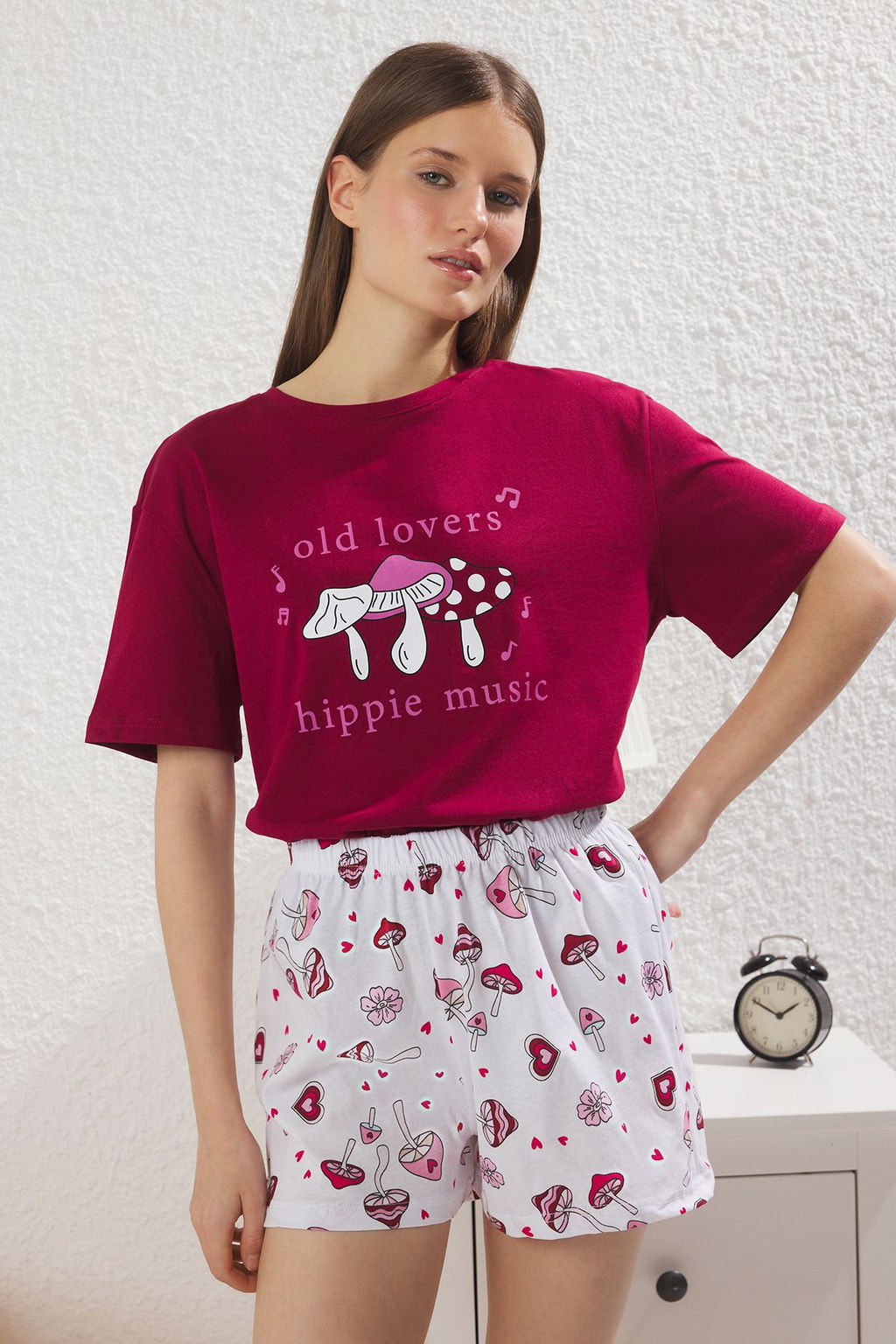 Trendyolmilla Pembe %100 Pamuklu Eglence Desenli Sortlu Orme Pijama Tak?m? THMSS25PT00393