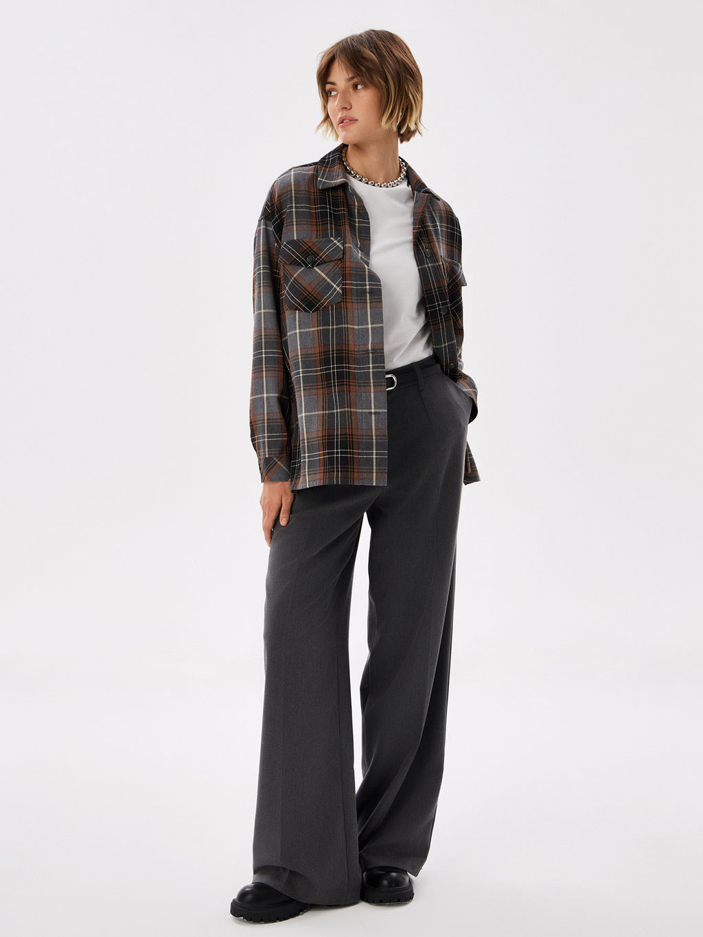 Блузка женская дл. рук. T-lab TL-B-0036F-FR-серо-коричневый, клетка  фото 5