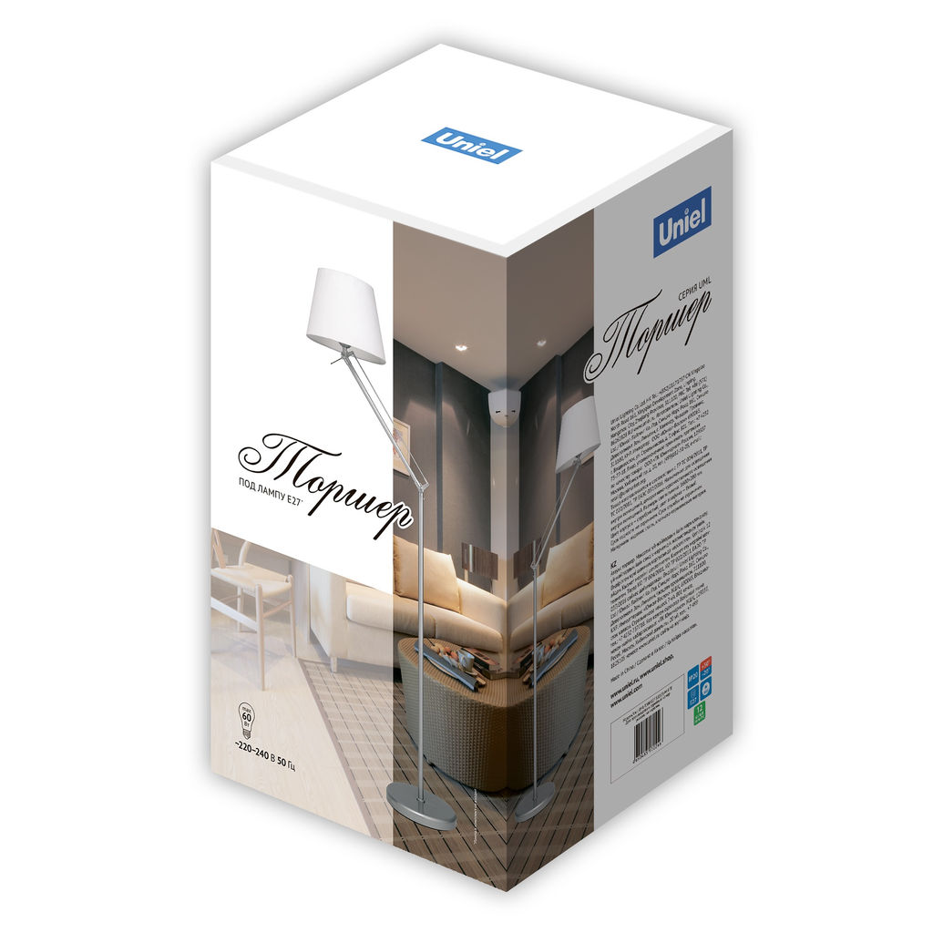 UML-T500 E27 SILVER/WHITE Торшер напольный под лампу Е27, 60W, с регулировкой наклона. Серебристый/Белый. ТМ Uniel