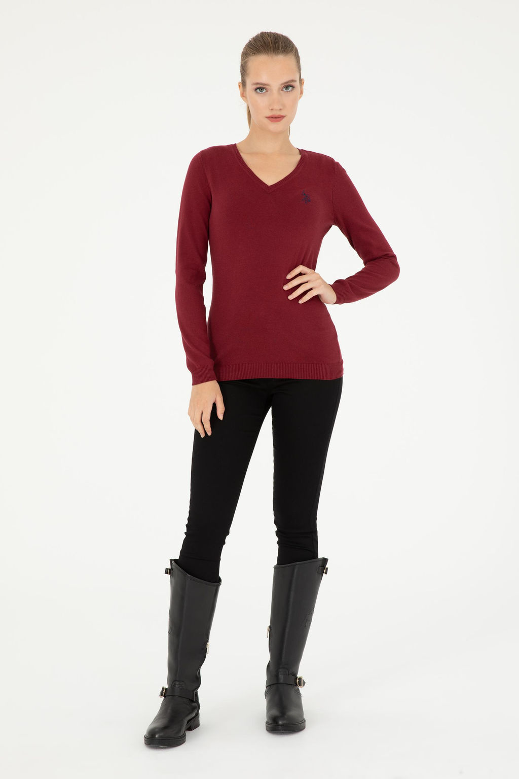 Женский бордовый базовый свитер с v-образным вырезом Неожиданная скидка в корзине - U.s. polo assn фото 4