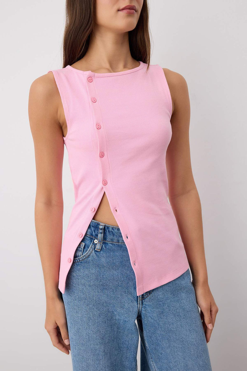 Pembe Dugmeli Asimetrik Fitted/Vucuda Oturan Fitilli Esnek Orme Bluz TWOSS25BZ00394