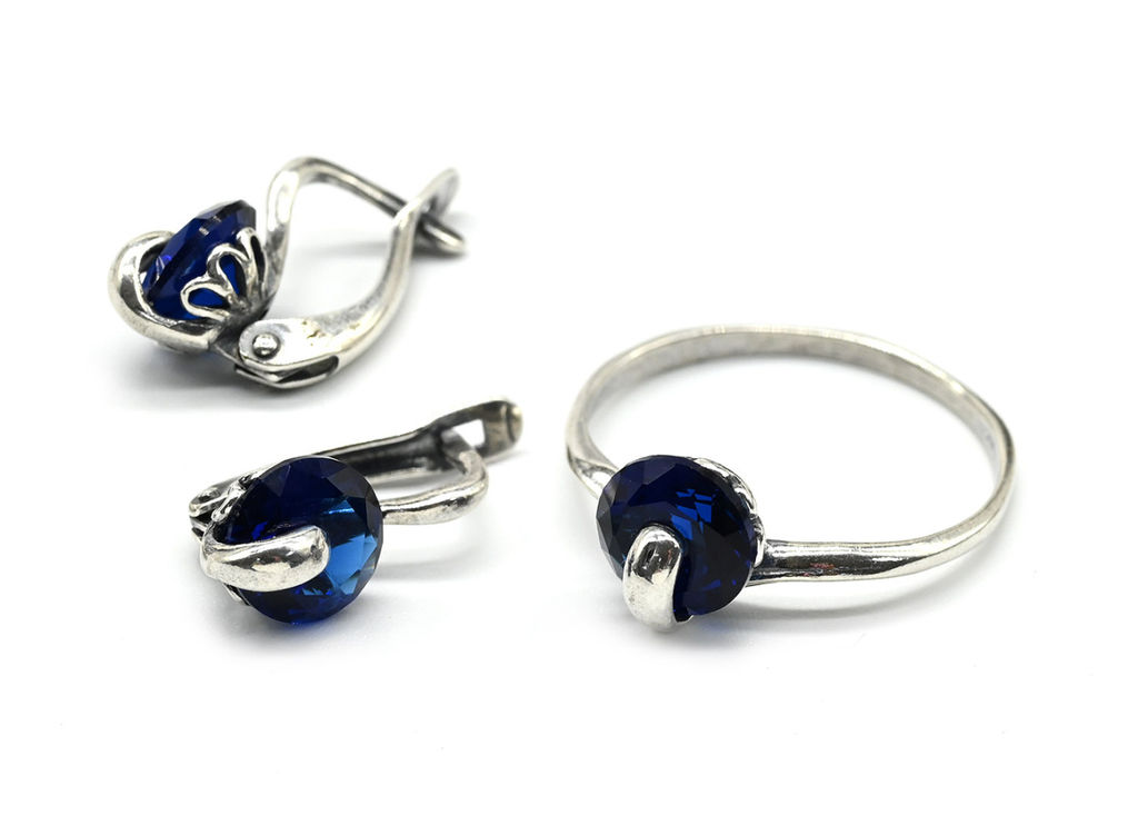 Кольцо серьги с цирконом искусственным, цв.синий размер 19