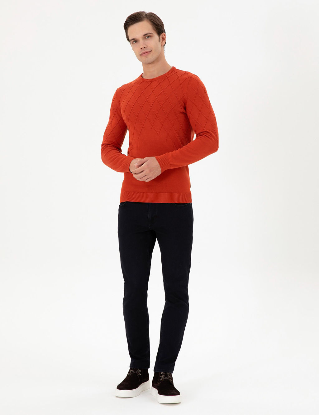 Erkek Slim Fit Bisiklet Yaka Kiremit Kazak