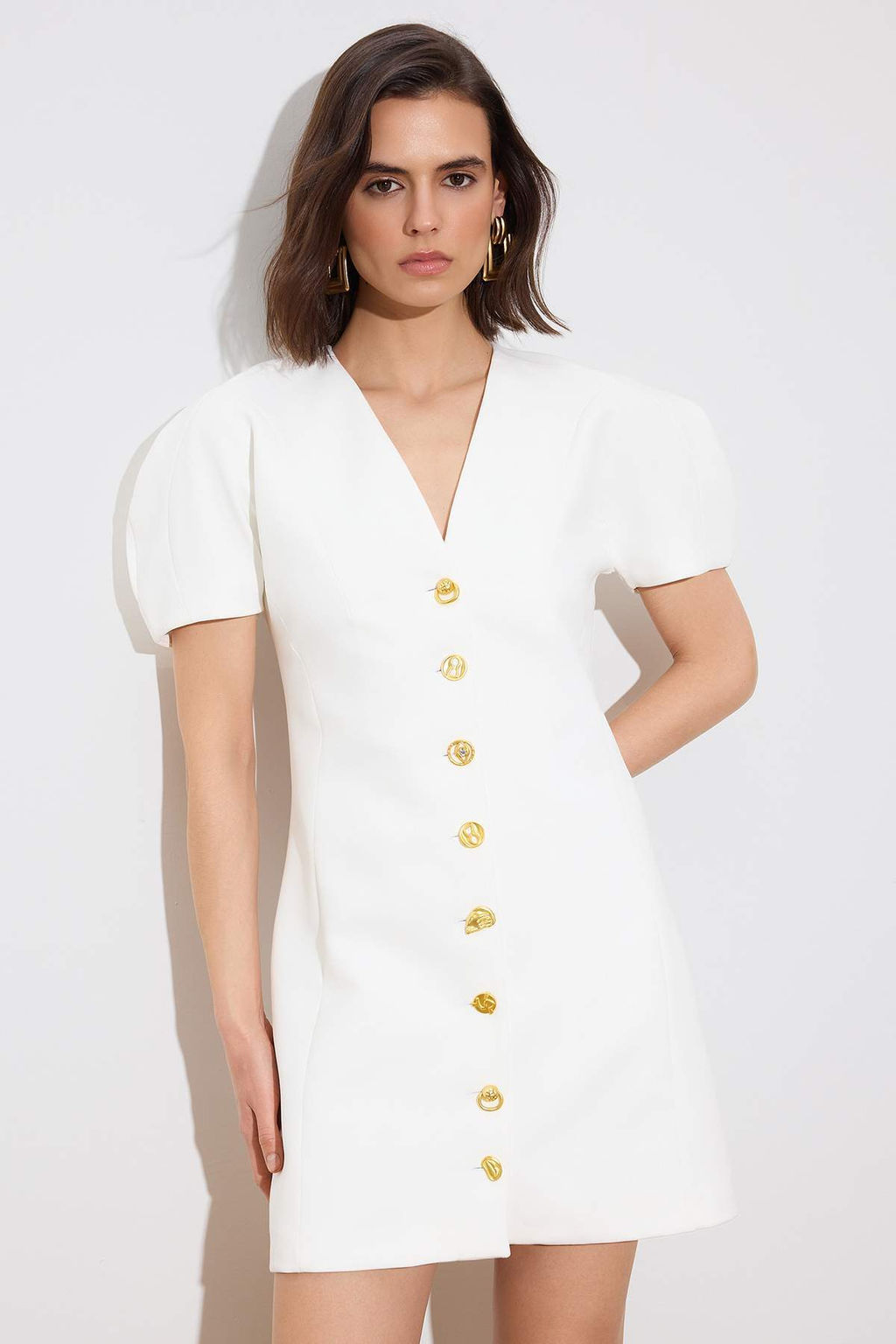 Ekru Dugme Detayl? K?sa / Mini Dokuma Elbise TWOSS26EL00192