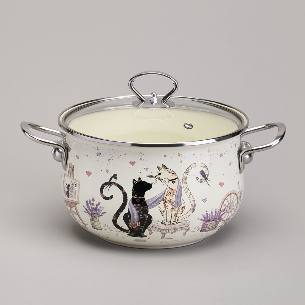 КАСТРЮЛЯ AGNESS ЭМАЛИРОВАННАЯ СО СТЕКЛЯННОЙ КРЫШКОЙ СЕРИЯ LAVANDER CATS, 3,8 Л ДИА. 22СМ