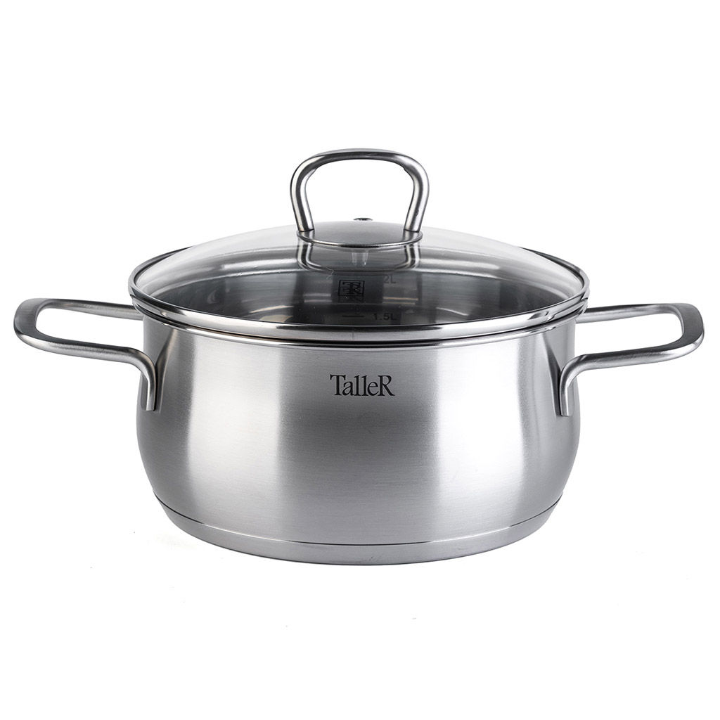 Набор кастрюль из нержавеющей стали Бригг 3 штуки: 2,2л - д18см, h9см, 3,2л - д20см, h10,5см, 5,2л - д24см, h11,5см, s0,5мм, дно s2,7мм, полировка матовая снаружи, зеркальная внутри, стеклянная жаропрочная крышка, стальной обод, пароотвод, ручки с - Домашняя мода фото 4