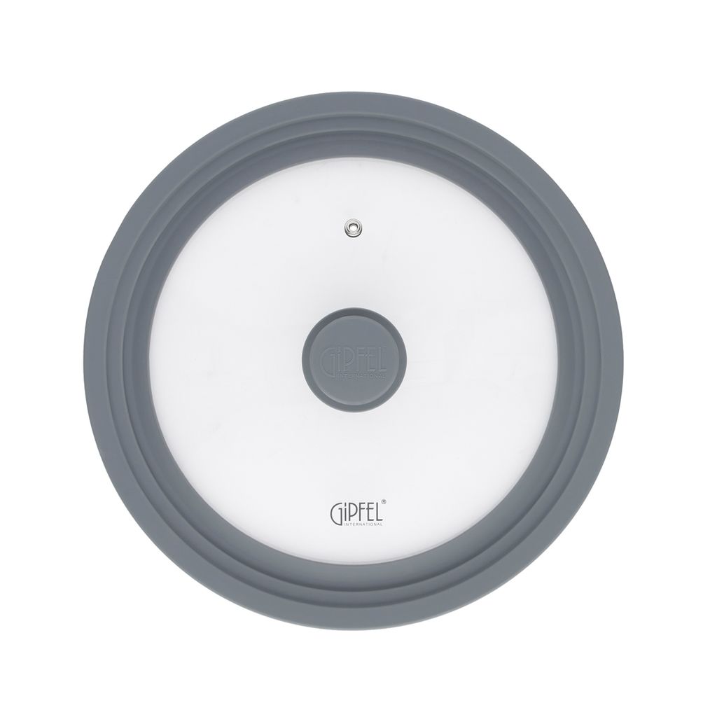 1029 GIPFEL Крышка GIUM стеклянная на 3 размера 24,26,28 см с силиконовым ободом Цвет: темно-серый. Материал: закаленное стекло, силикон, нерж. сталь 18/8  фото 2