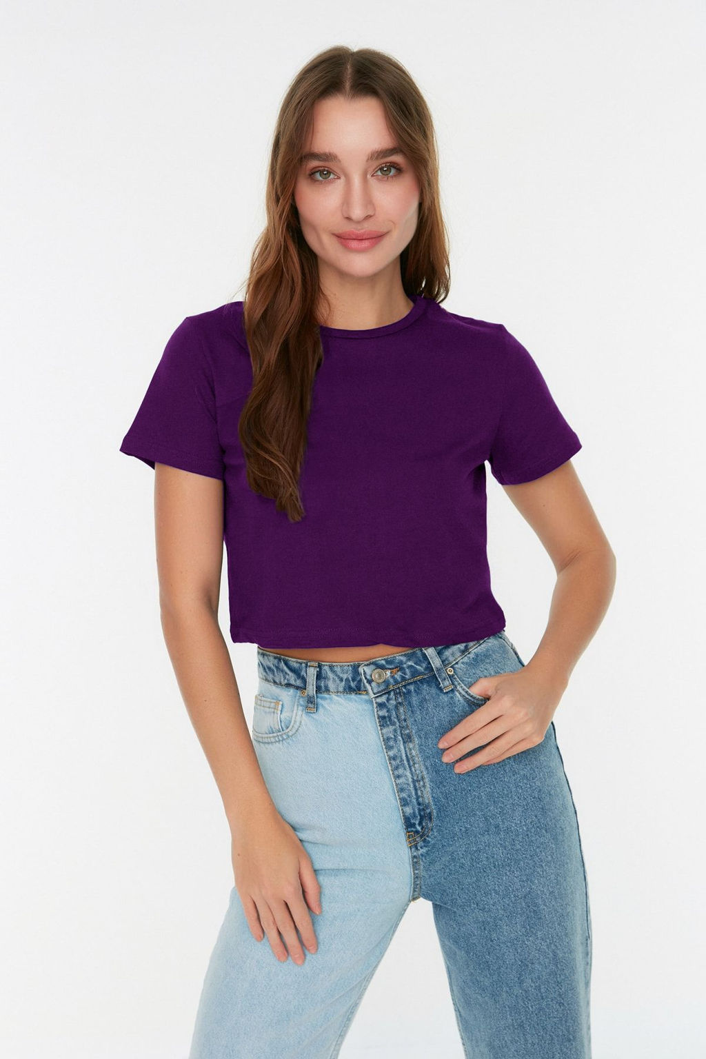 Mor-Antrasit 2li Paket %100 Pamuk Crop Bisiklet Yaka Orme T-Shirt TWOSS20TS1480