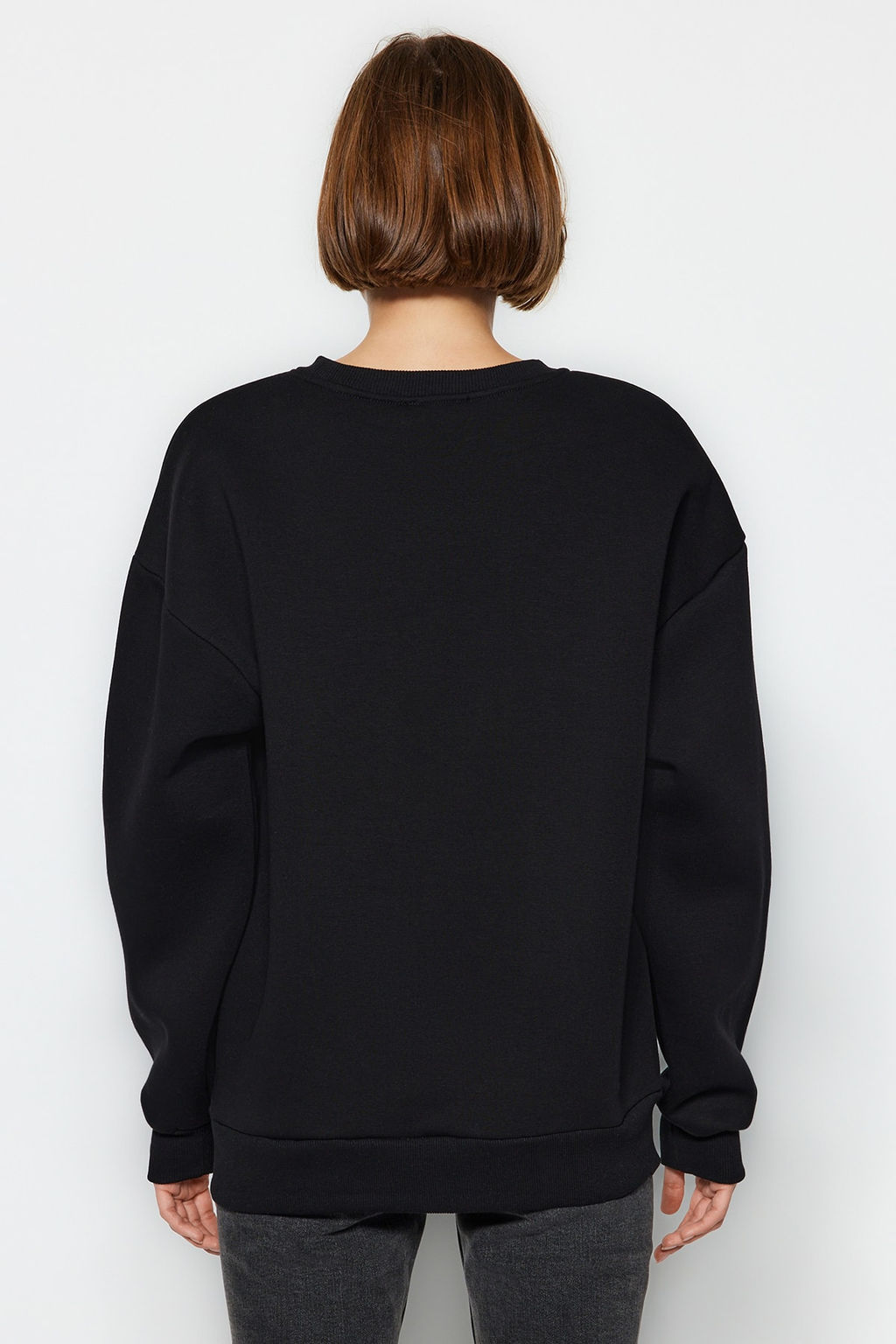 Siyah Oversize/Bol Kesim Bisiklet Yaka Kal?n/Ici polarl? Orme Sweatshirt TWOAW24SW00102