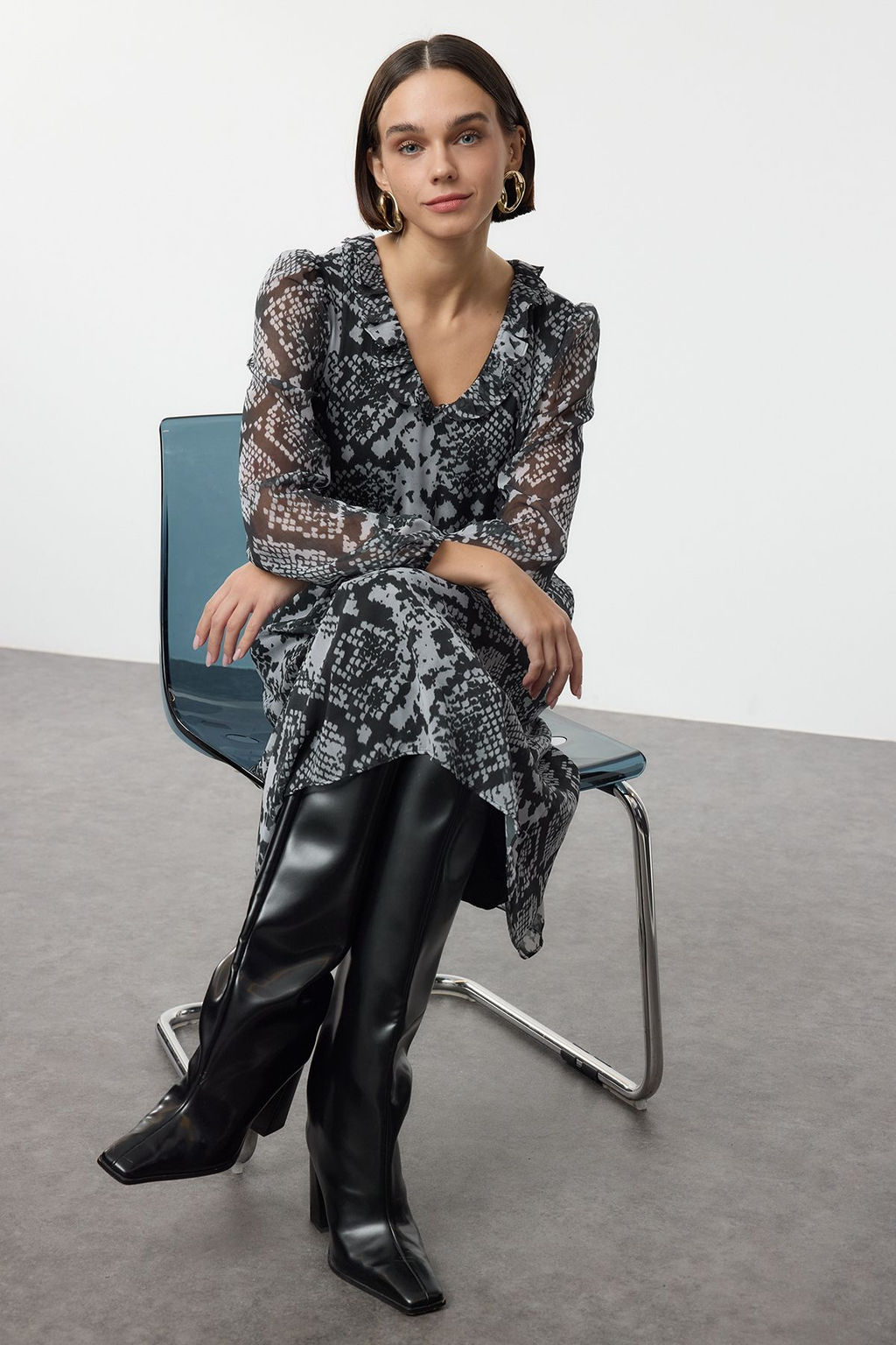 Siyah Animal Kemerli Midi Dokuma Elbise TWOAW25EL00341 - Trendyolmilla фото 2