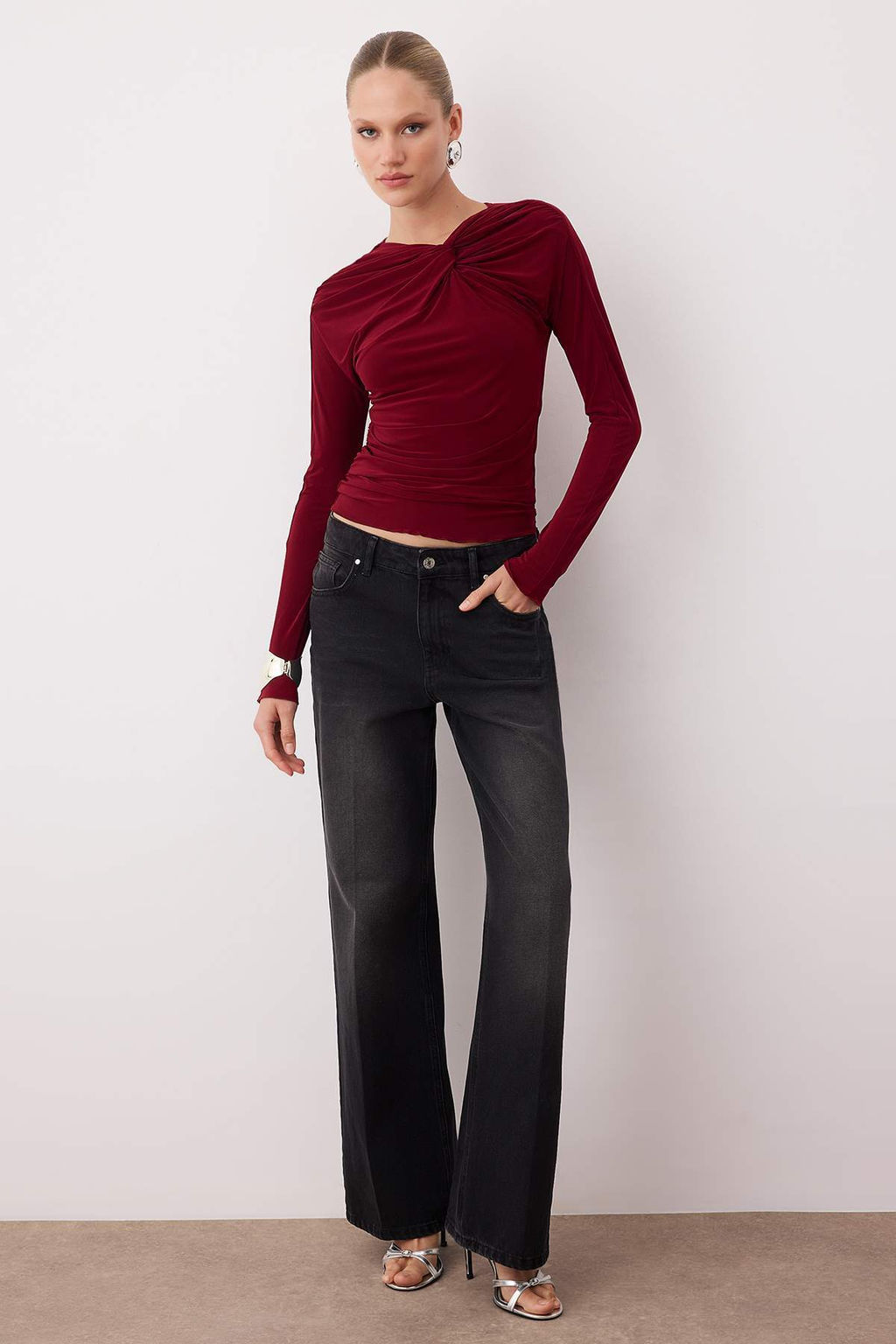 Haki Duz Kare Yaka Uzun Orme Sandy Party Bluz TPRAW26BZ00016 - Trendyolmilla фото 8