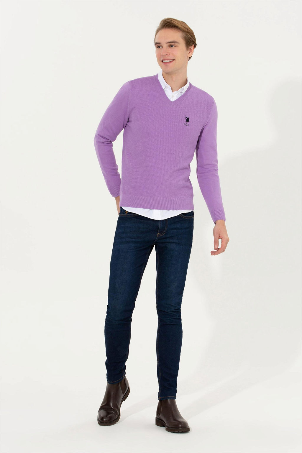 U. S. Polo Assn Мужской базовый трикотажный свитер сиреневого цвета с v-образным вырезом - U.s. polo assn фото 8