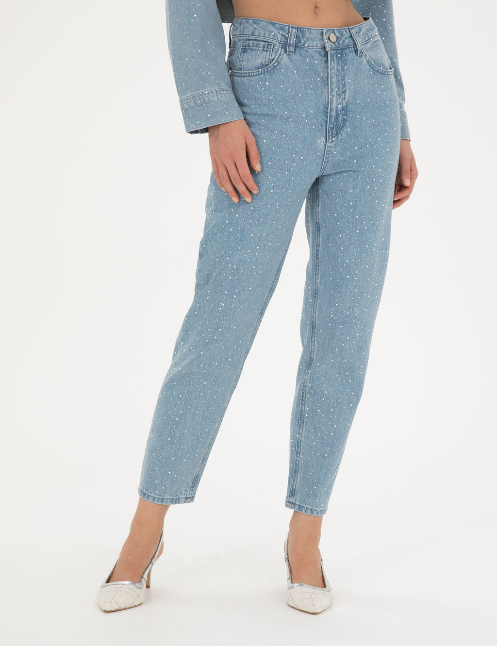 A__k Mavi Parlak Ta_l_ Mom Fit Jean Pantolon