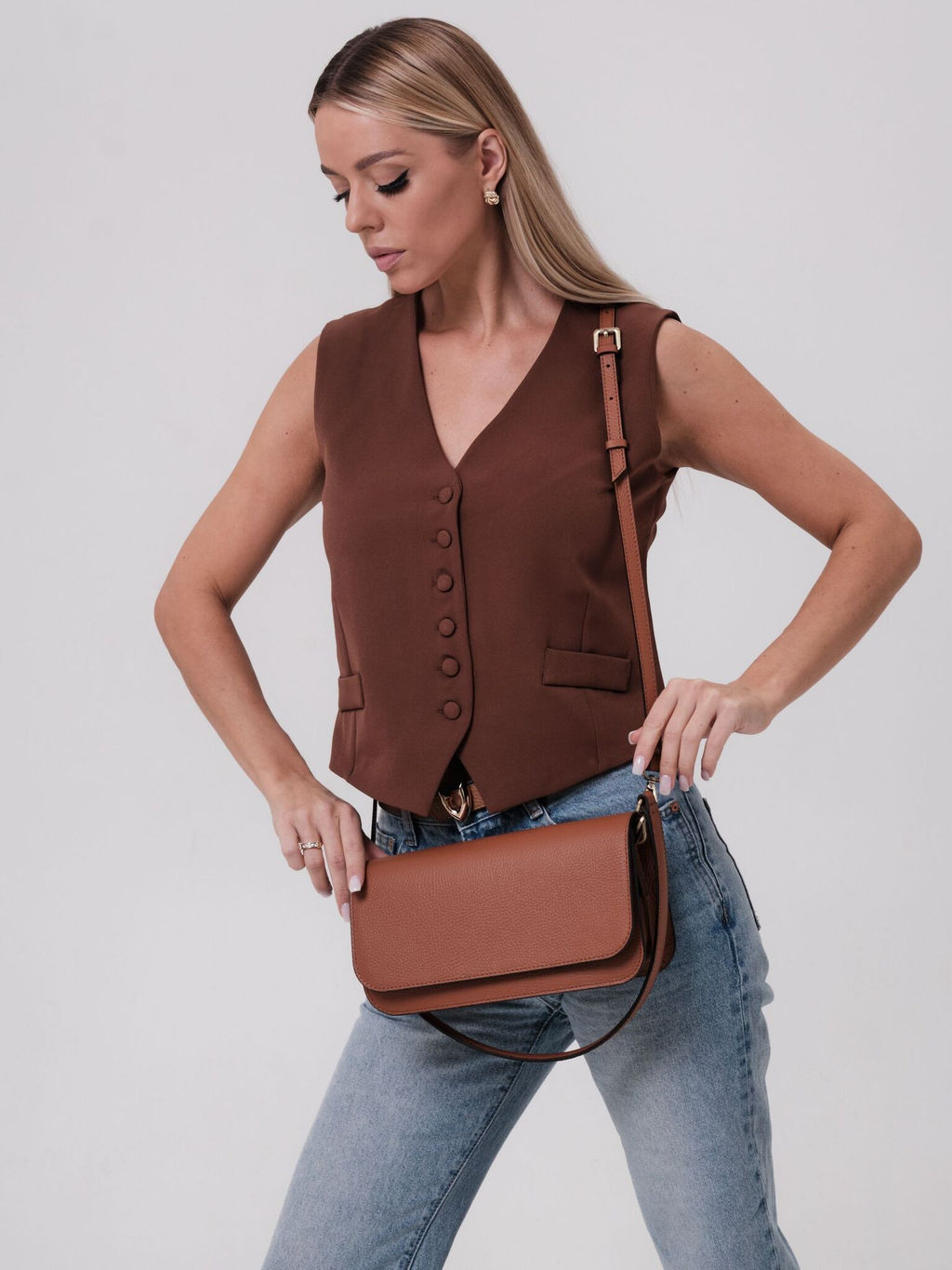 Сумка кожаная багет Deboro 30138 коричневый камень