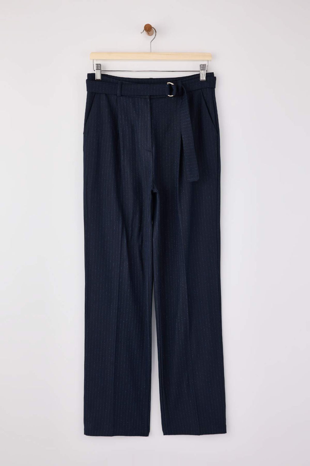 Lacivert Kemerli Kendinden Cizgili Dokuma Wideleg/Genis Paca Pantolon TWOSS26PL00007