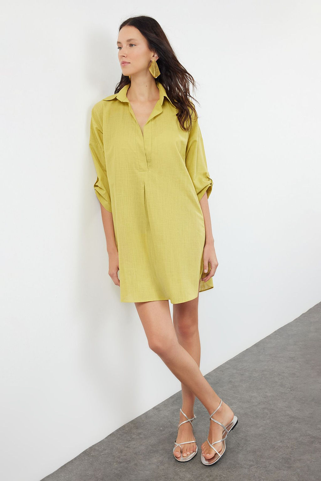 Yag Yesili Dokuma %100 Pamuk Mini Plaj Elbisesi TBESS21EL3979