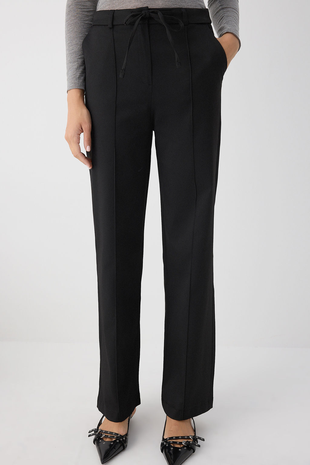 Siyah Bagc?kl? K?sl?k Tuseli Rahat Kumas Wide Leg/Genis Paca Pantolon TWOAW26PL00012 - Trendyolmilla фото 11