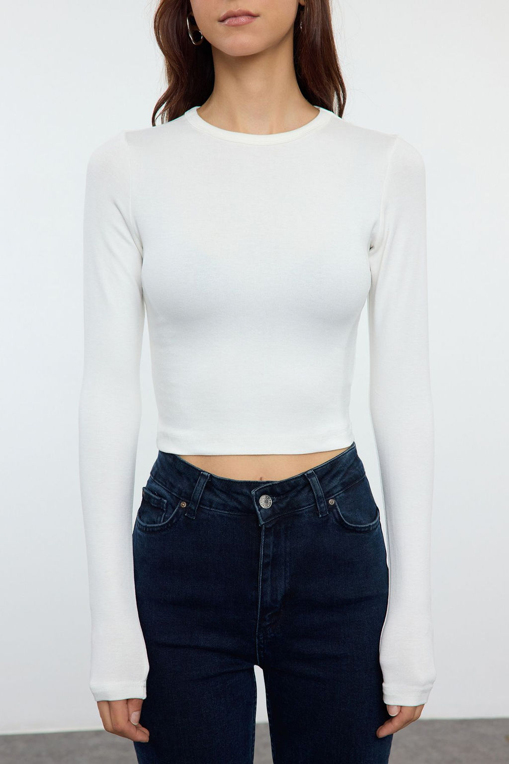 Ekru Premium Viskoz Yumusak Kumasl? Fitted Crop Esnek Orme Bluz TWOAW24BZ00048