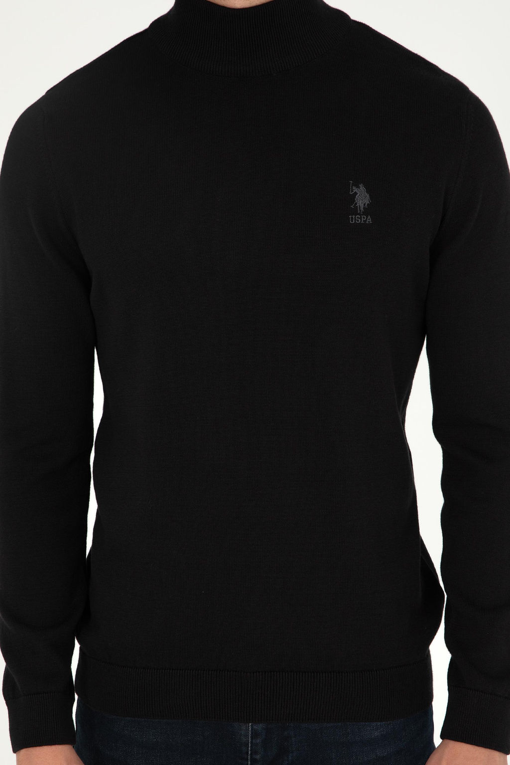 Erkek Slim Fit Yar_m Bo_azl_ Siyah Basic Kazak
