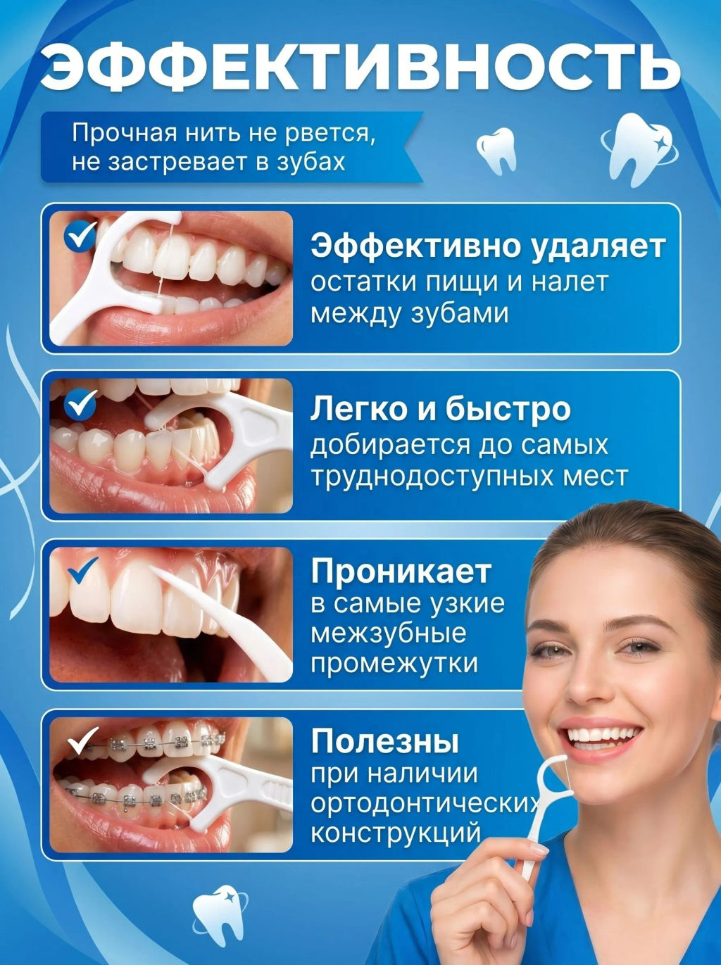 Флоссеры - Зубная нить с зубочисткой, 30 шт - Sadoer фото 8