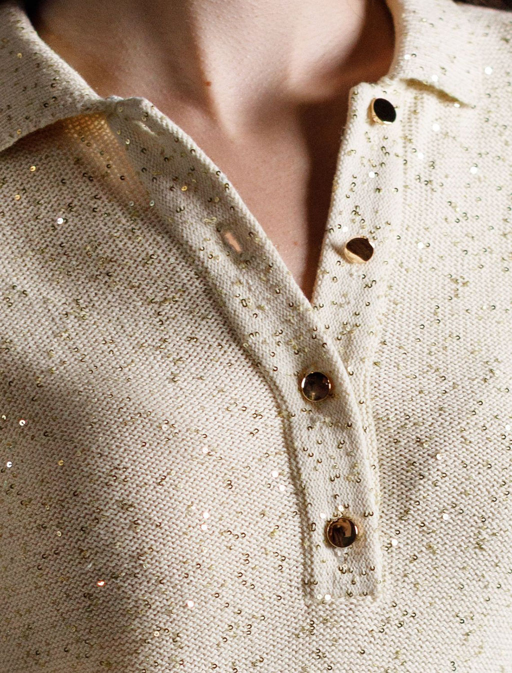 Джемпер поло с застежкой на пуговицы из хлопковой пряжи с пайетками - Vilatte фото 2