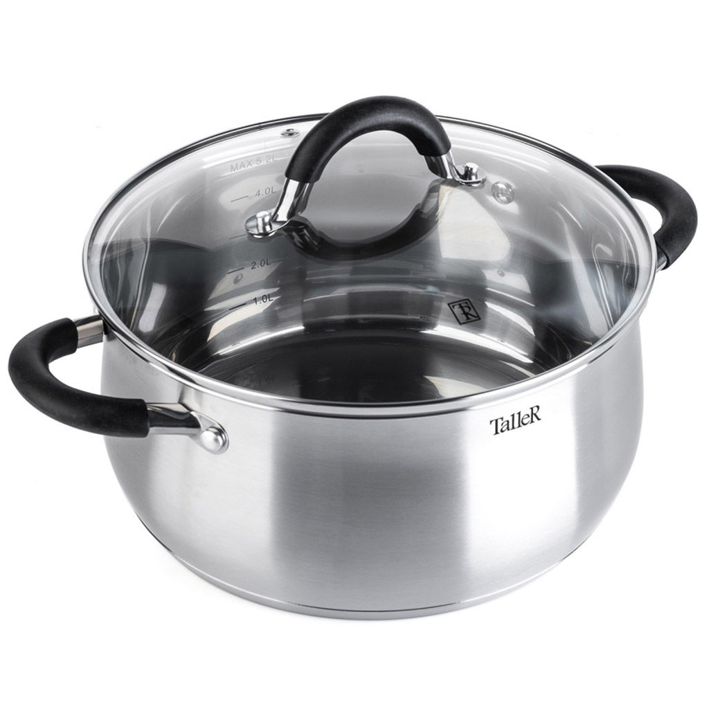 Кастрюля из нержавеющей стали Шелборн 5,2л, д24см, h11,5см, s0,6мм, дно s2,8мм, стеклянная жаропрочная крышка, стальной обод, пароотвод, силиконовые вставки черного цвета, капсулированное дно, полировка внешняя - матовая, внутренняя - зеркальная, м - Домашняя мода фото 2