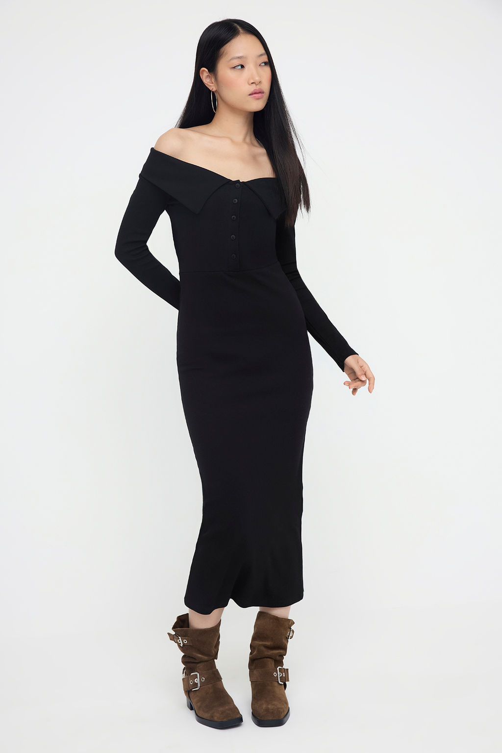 Teen Siyah Carmen Yaka Bodycone/Vucuda Oturan Fitilli Esnek Duz Maxi Orme Elbise TWOAW26EL00061 - Trendyolmilla фото 2