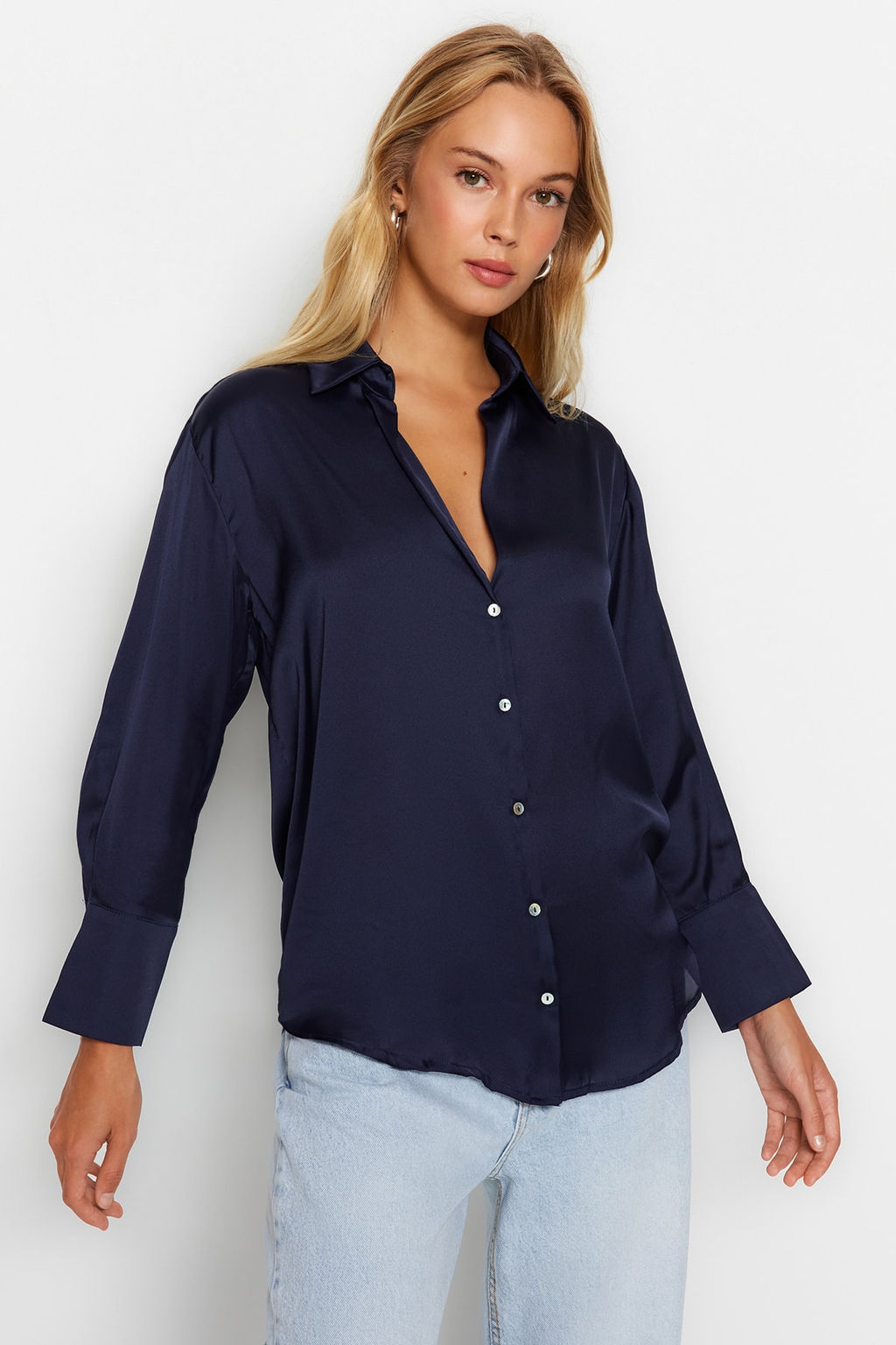 Lacivert Oversize/Genis Kal?p Saten Dokuma Gomlek TWOAW24GO00211