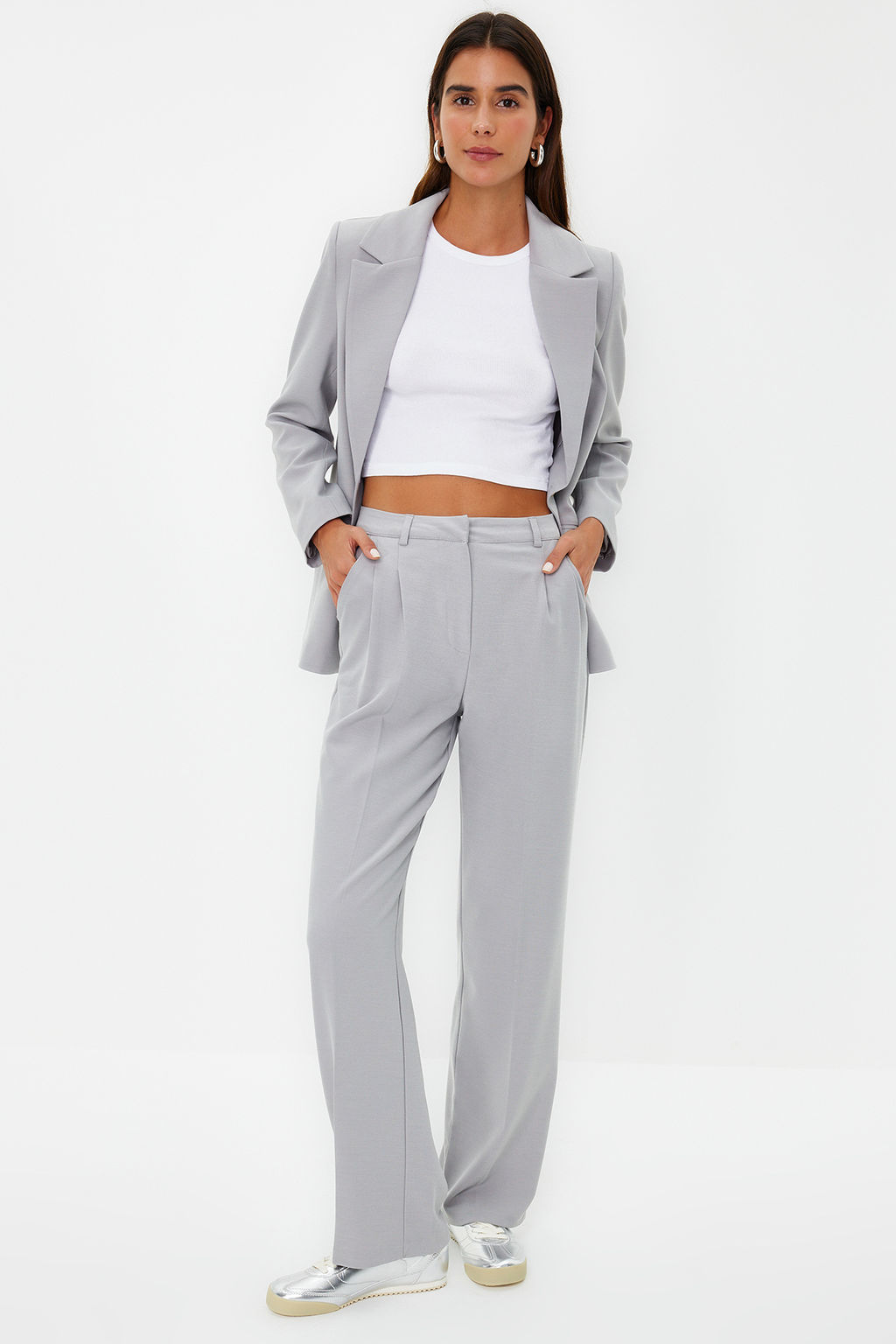 Limited Edition Gri Straight/Duz Kesim Pilili Dokuma Pantolon TWOAW23PL00401