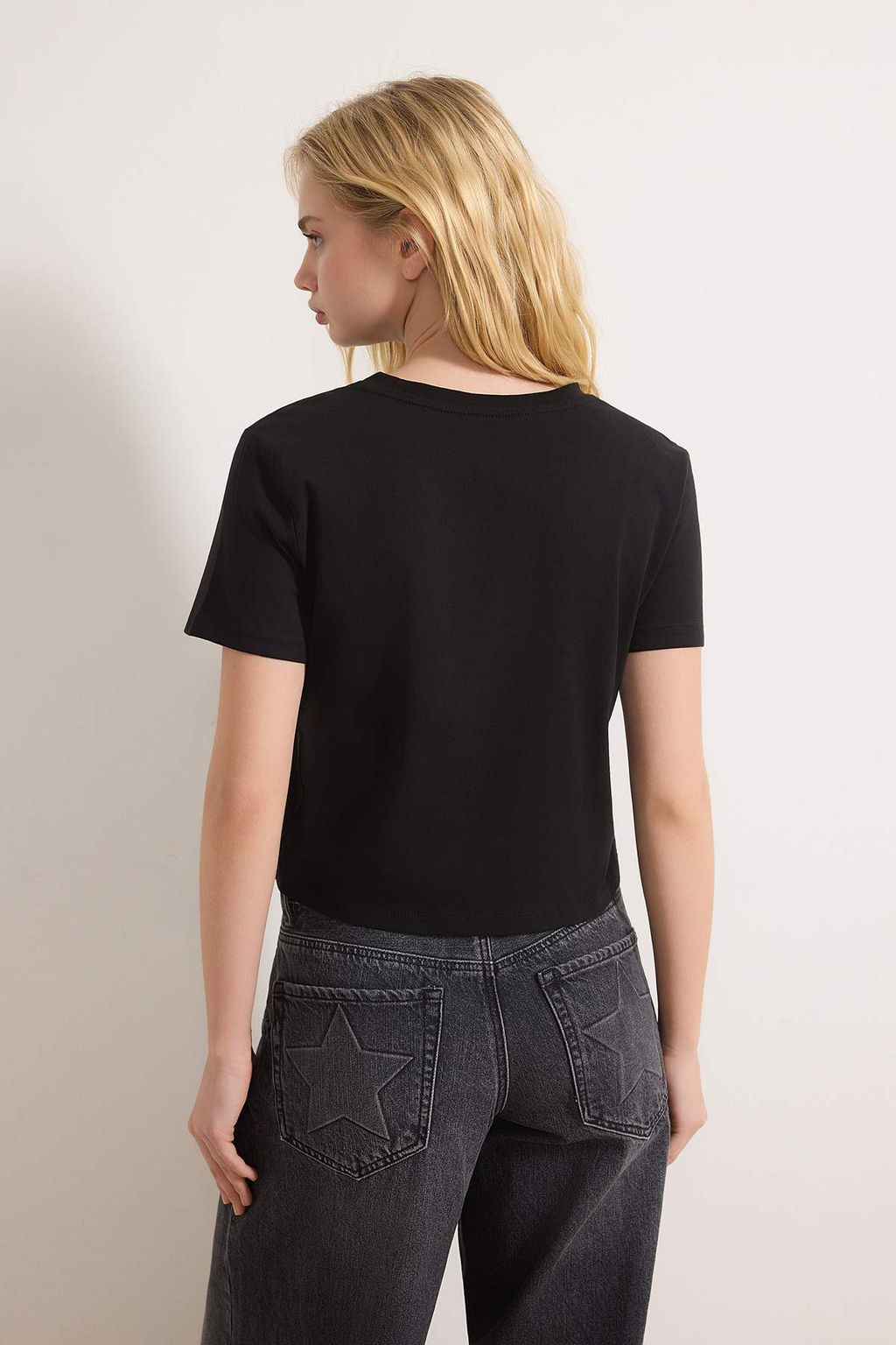 Gri Melanj-Siyah 2li Paket %100 Pamuk Crop Bisiklet Yaka Orme T-Shirt TWOSS20TS1480