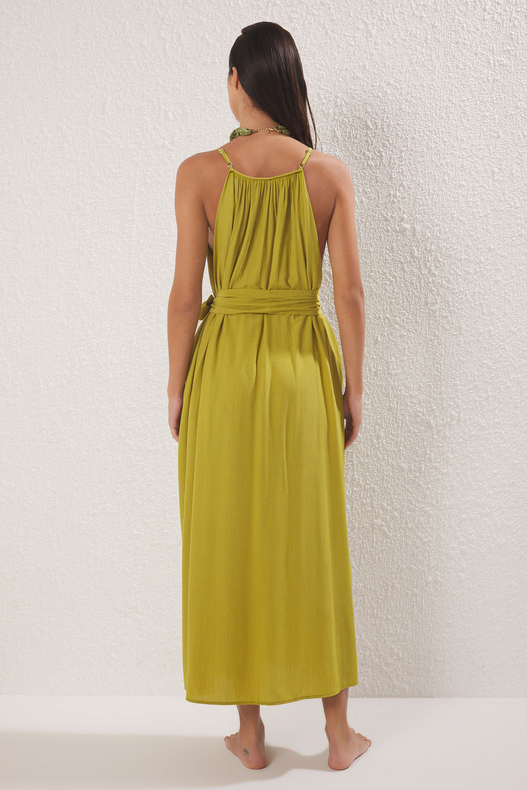 Koyu Yag Yesili Dokuma Buzgulu Maxi Plaj Elbise TBESS25EL00086