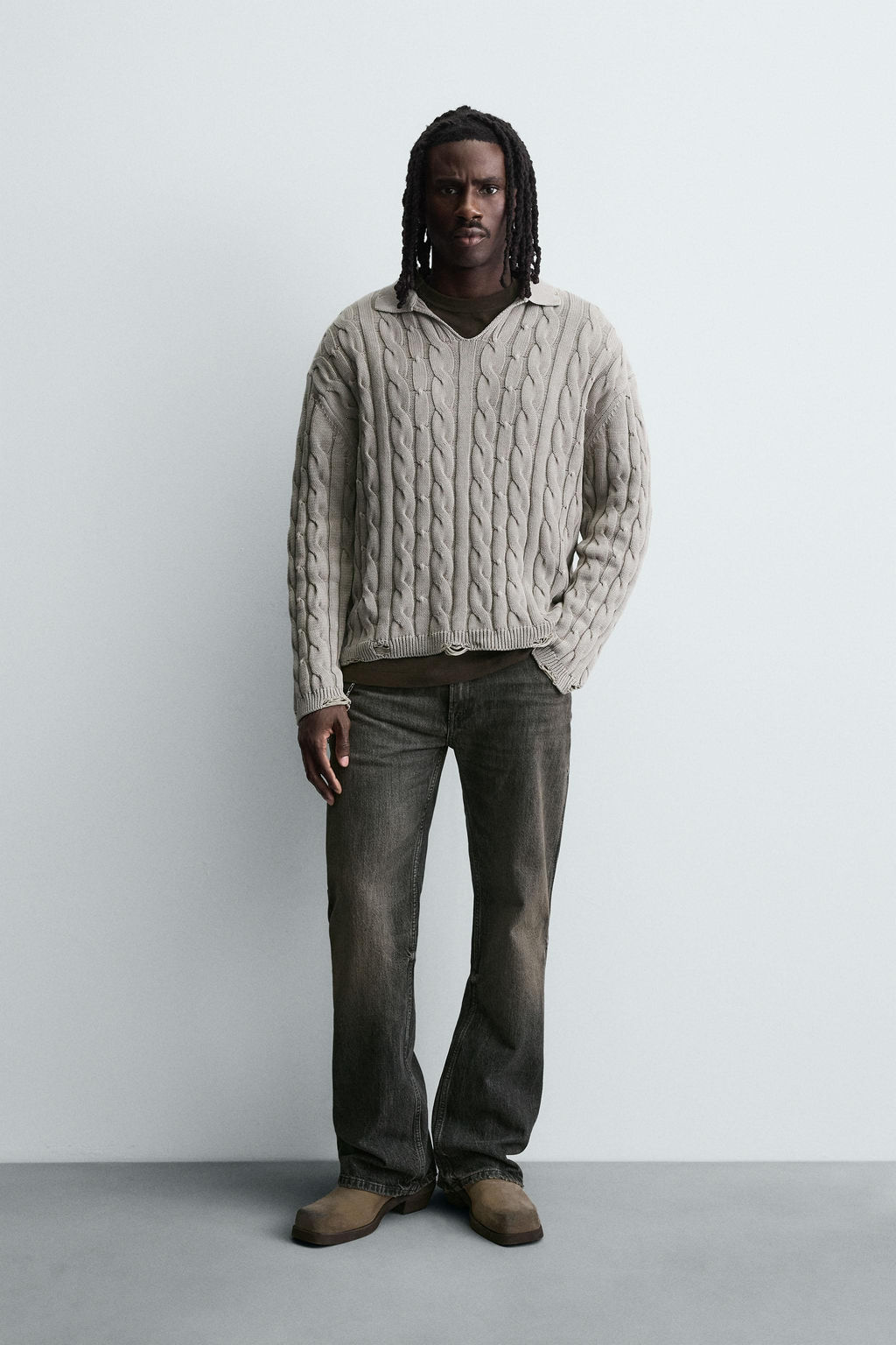 CABLE KNIT POLO SHIRT WITH DISTRESSED EFFECT