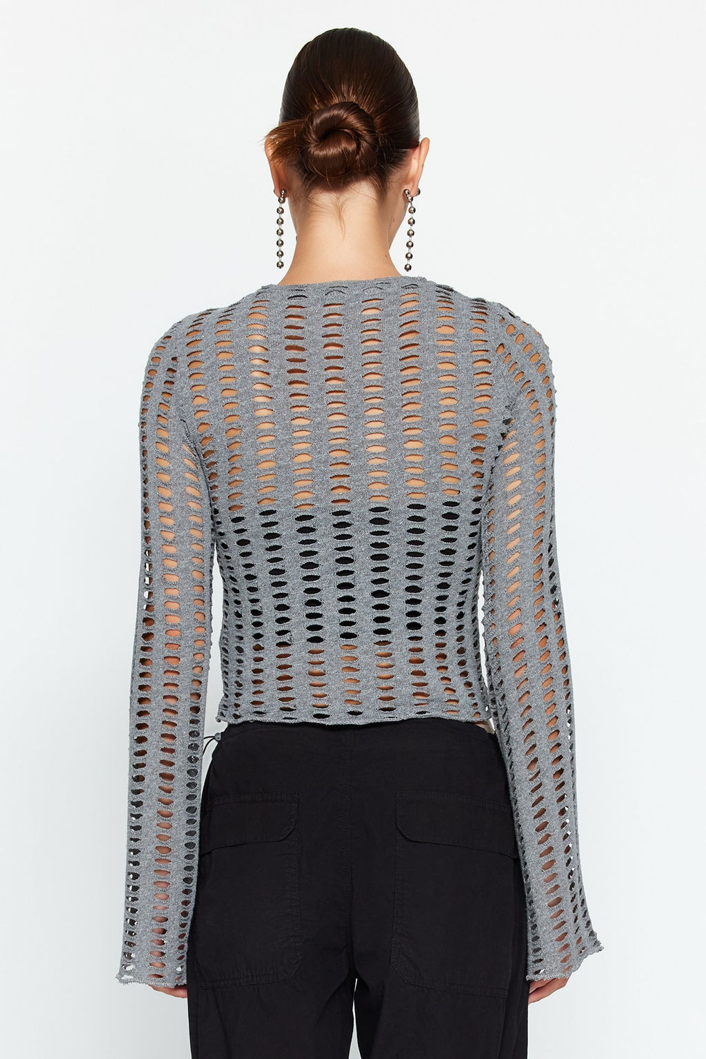 Trendyolmilla Gri Fileli Ispanyol Kol Slim Fit Crop Bisiklet Yaka Orme Bluz TWOAW24BZ00279 фото 6