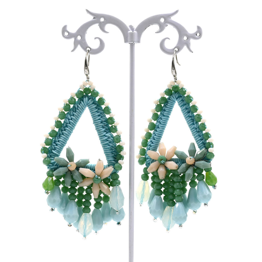 Серьги ручной работы с цирконами в оплетении цв.аквамарин