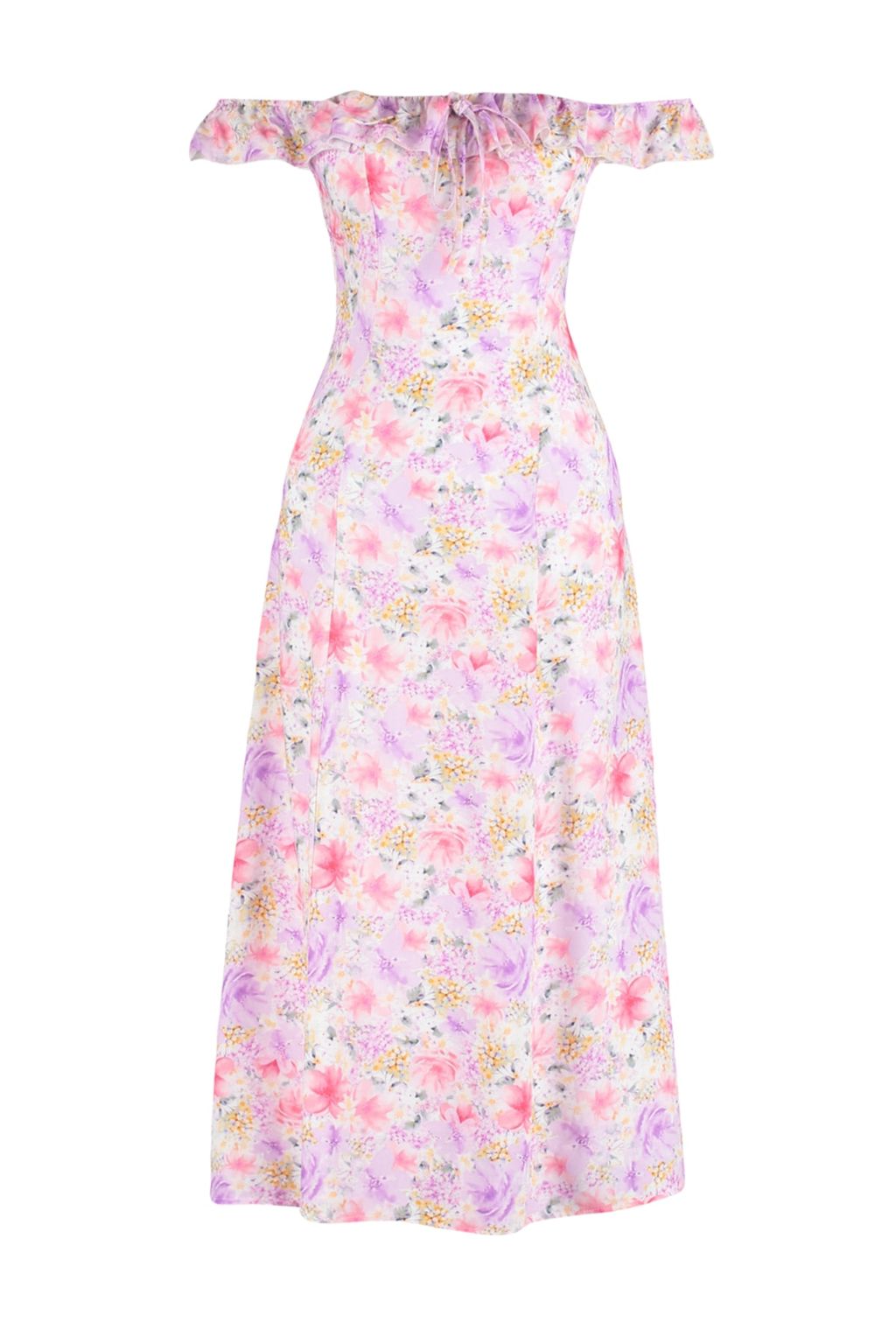 TRENDYOLMILLA Mor Cicek Desenli A Kesim Carmen Yaka Form Midi Dokuma Elbise TWOSS23EL01243