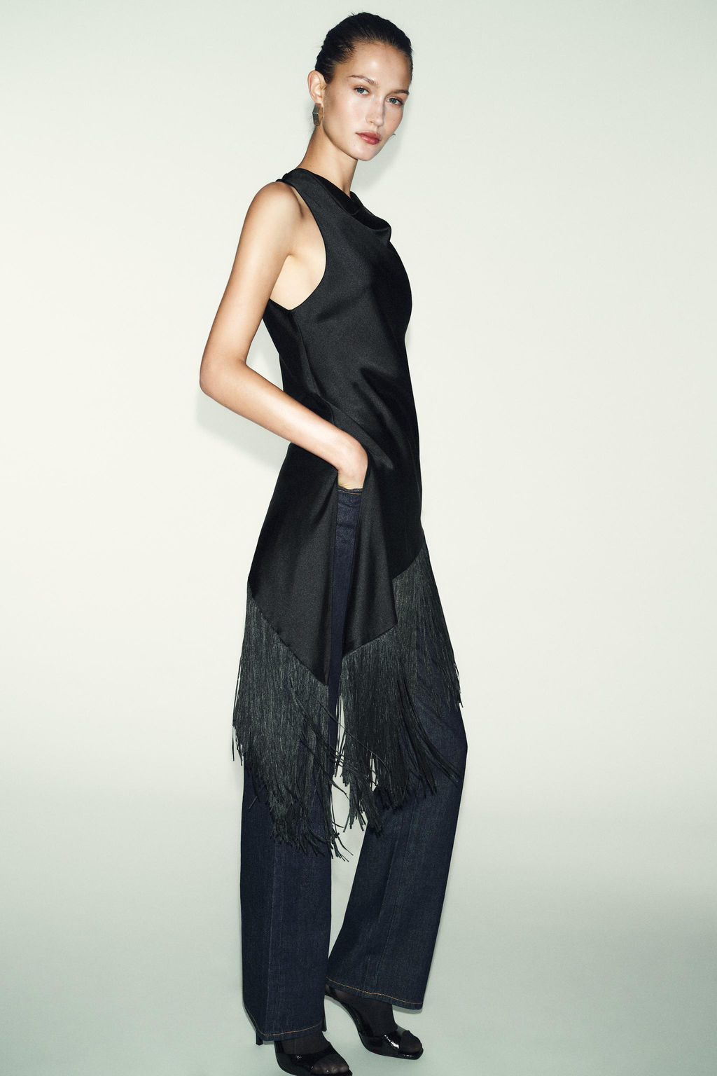 LONG SATIN TOP WITH FRINGING
