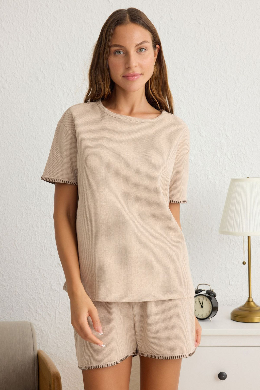 Trendyolmilla Bej Karyoka Dikis Detayl? Waffle Kumas Sortlu Orme Pijama Tak?m? THMSS25PT00157  фото 2