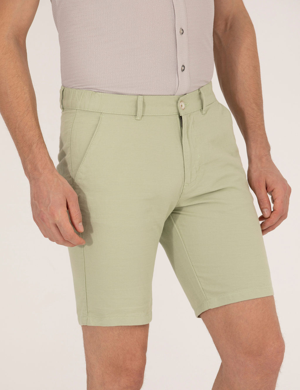 A__k Ye_il Slim Fit Keten Kar___ml_ Beli Lastikli Bermuda _ort