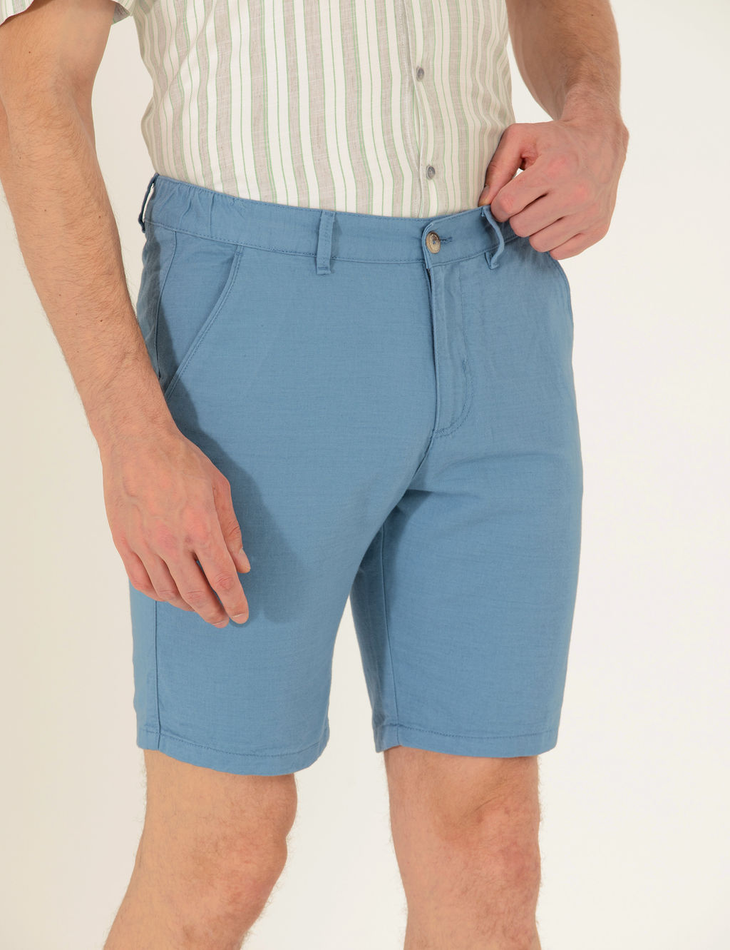 Koyu Mavi Slim Fit Keten Kar___ml_ Beli Lastikli Bermuda _ort